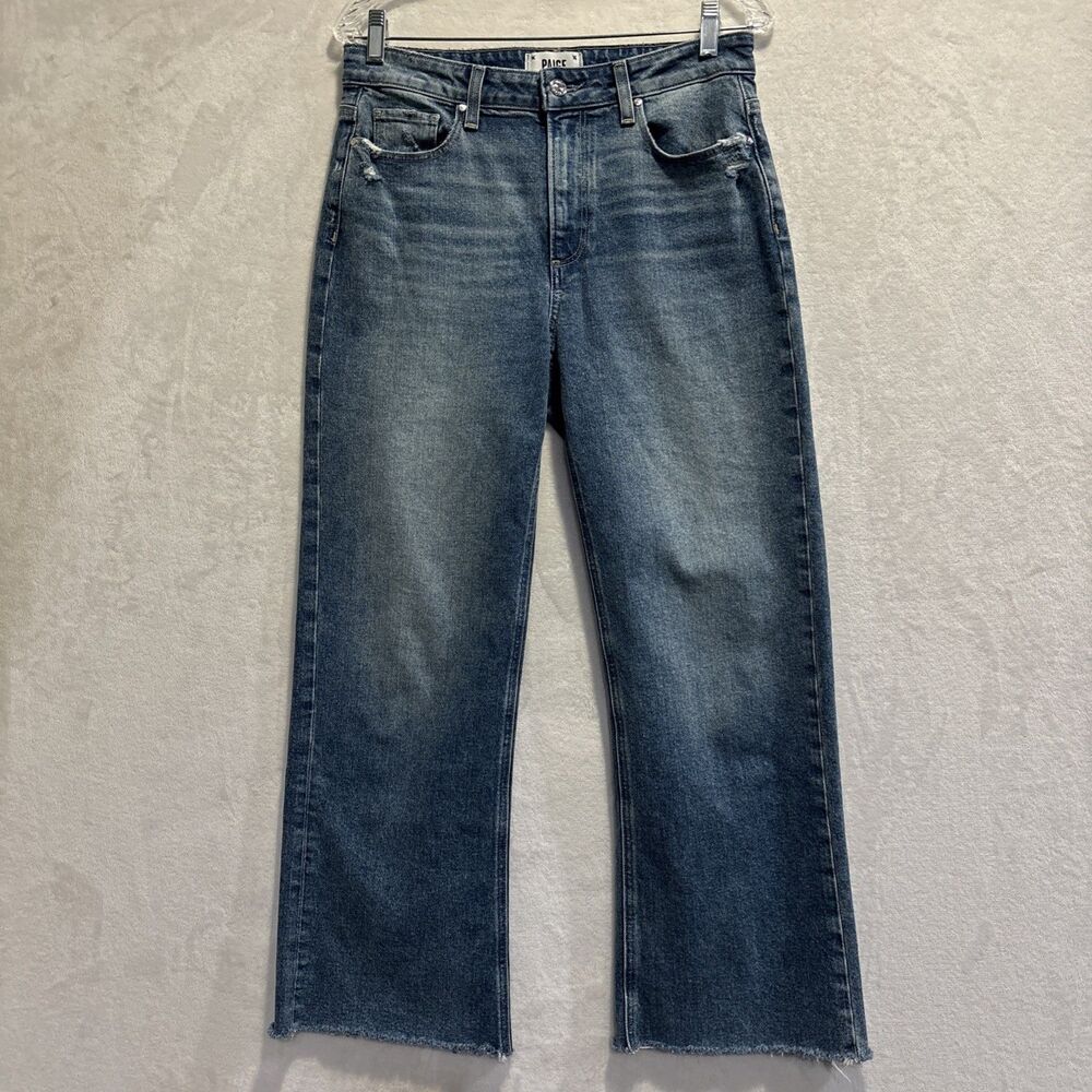 Paige Leenah Ankle Jeans Women's 28 Blue Wide Leg Raw Hem Stretch Distressed